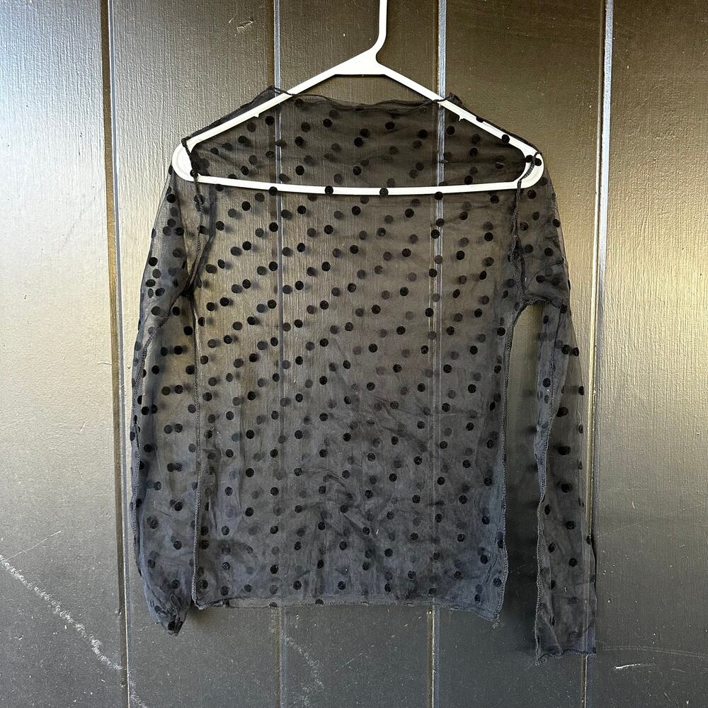 Sheer Black Polka Dot Mesh Long Sleeve Top Size Small